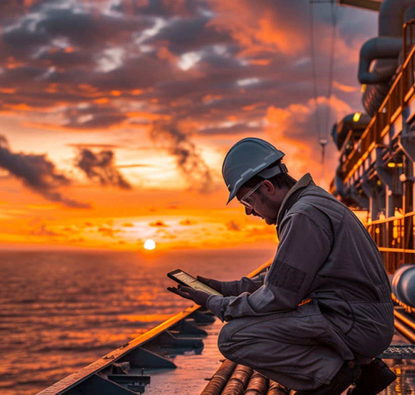 Oil industry worker at sunset